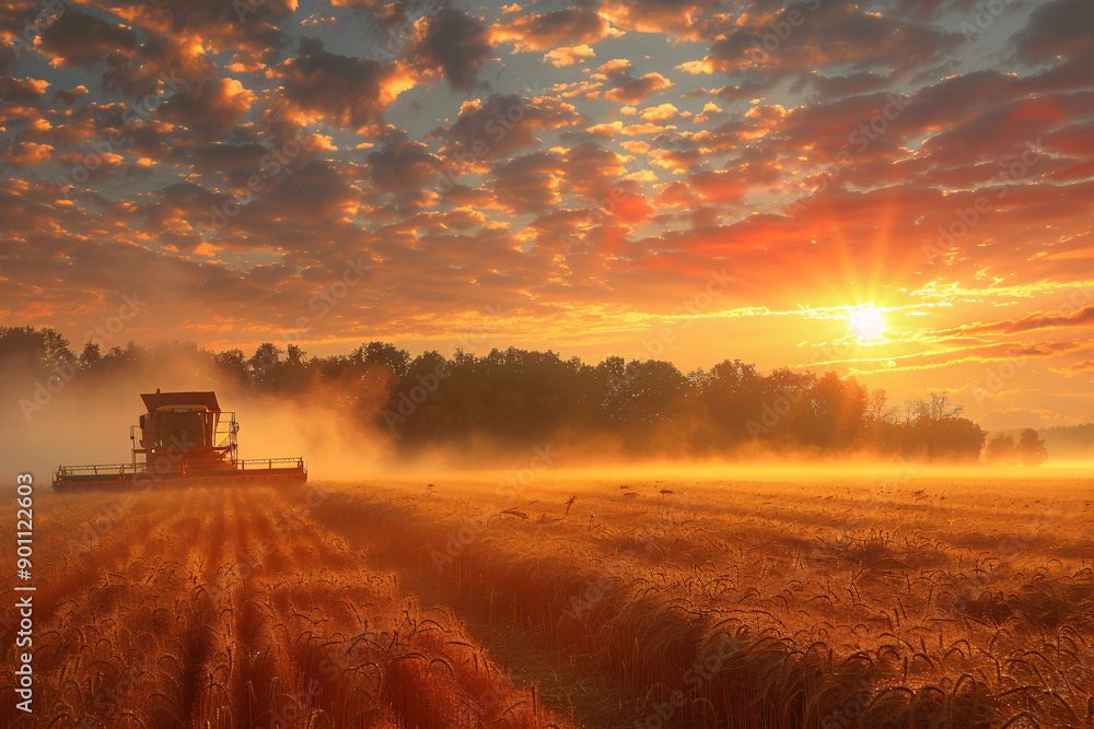 Fototapeta premium A mesmerizing sunset over a vast harvesting field as a harvester works diligently to gather crops.