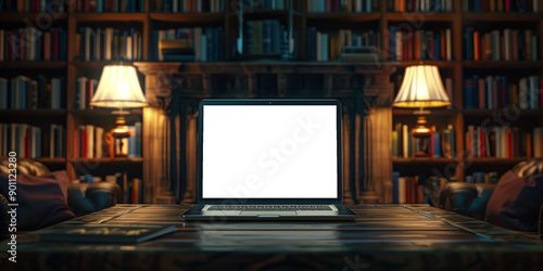 A sleek laptop with a blank white screen sits on a wooden table in a warm, cozy library setting.