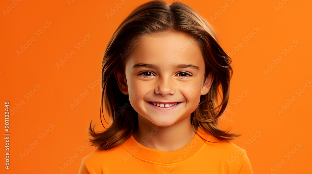 Portrait of a beautiful, happy smiling boy with long hair and perfect skin, orange background, banner. Portrait of a beautiful, happy smiling boy with long hair and perfect skin, orange background, banner.