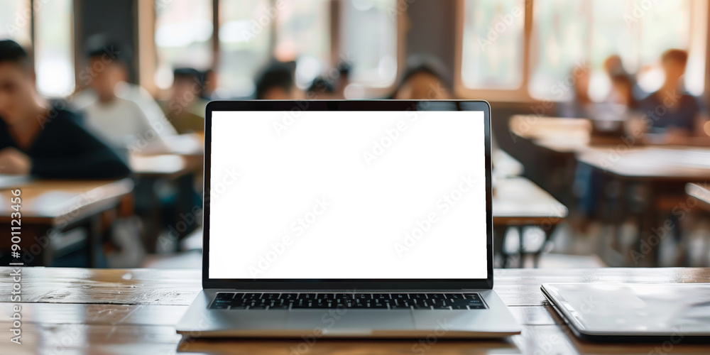 A laptop with a blank white screen is placed on a wooden desk in a classroom setting. A laptop with a blank white screen is placed on a wooden desk in a classroom setting.