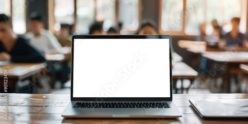 Wallpaper Mural A laptop with a blank white screen is placed on a wooden desk in a classroom setting. Torontodigital.ca
