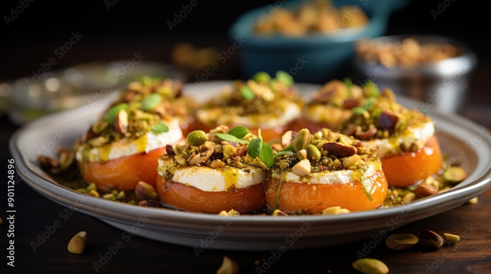 A close-up of a plate with tomatoes and other foods on a table, featuring a bowl in the background A close-up of a plate with tomatoes and other foods on a table, featuring a bowl in the background