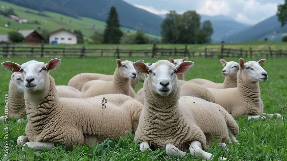 A herd of sheep grazes peacefully on a lush green field, surrounded by towering mountains in the distance A herd of sheep grazes peacefully on a lush green field, surrounded by towering mountains in the distance