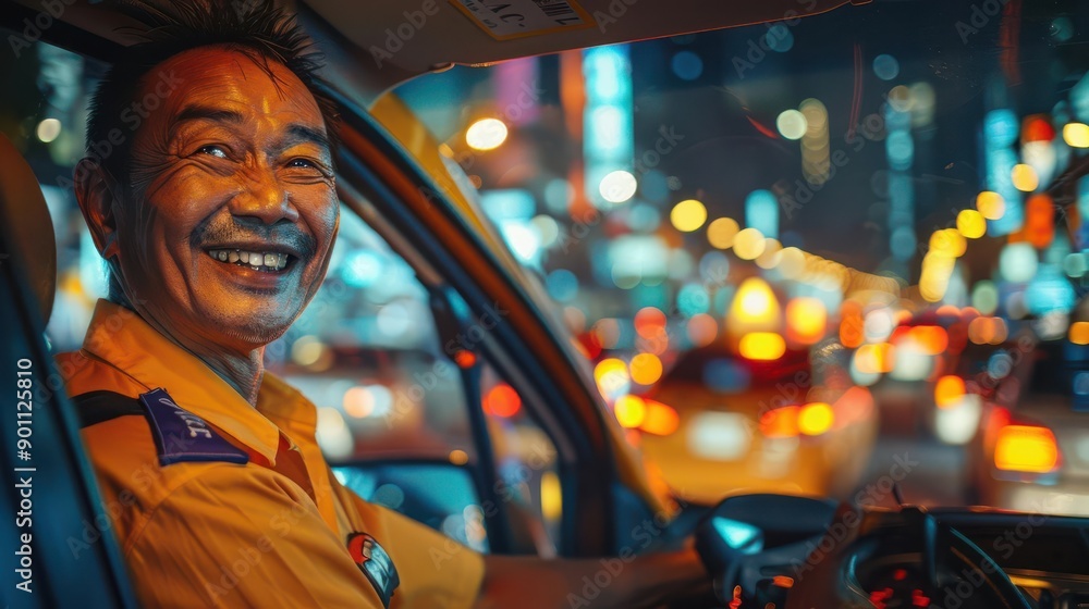 Obraz premium Taxi driver navigating through city traffic