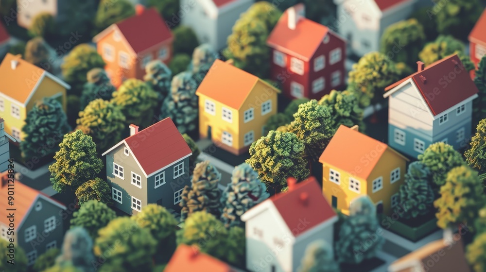 Colorful Miniature Houses Surrounded by Lush Green Trees in a Quaint Neighborhood Setting. Generative AI Colorful Miniature Houses Surrounded by Lush Green Trees in a Quaint Neighborhood Setting. Generative AI