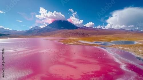 Laguna Colorada (Bolivia): This striking red salt lake, located in the Eduardo Avaroa Andean Fauna National Reserve, is home to flocks of flamingos and offers stunning contrasts with its surrounding l photo