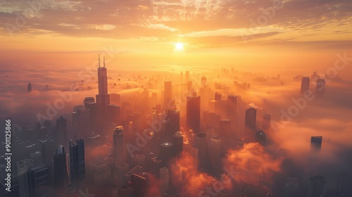 Stunning Sunrise Over City Skyline Illuminated by Golden Light and Mist at Dawn. Generative AI