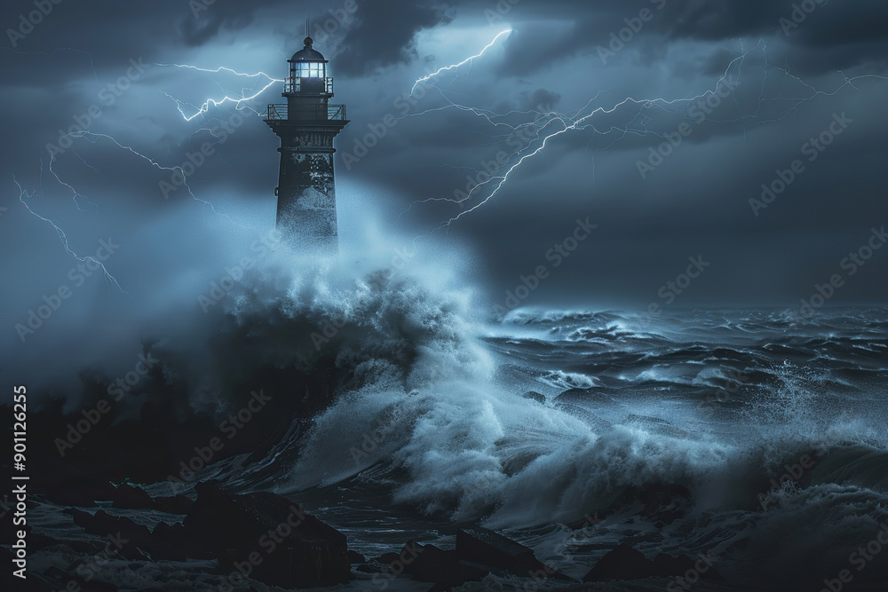 Generative ai on theme of large retro lighthouse with beam of bright light shining out to blue sea Generative ai on theme of large retro lighthouse with beam of bright light shining out to blue sea