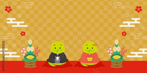 2025年　巳年　年賀素材　着物を着た蛇の夫婦　和風　横長　バナー