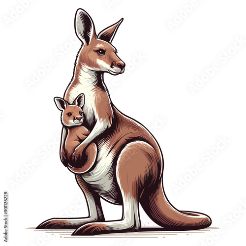 mom kangaroo with baby kangaroo on her chest vector