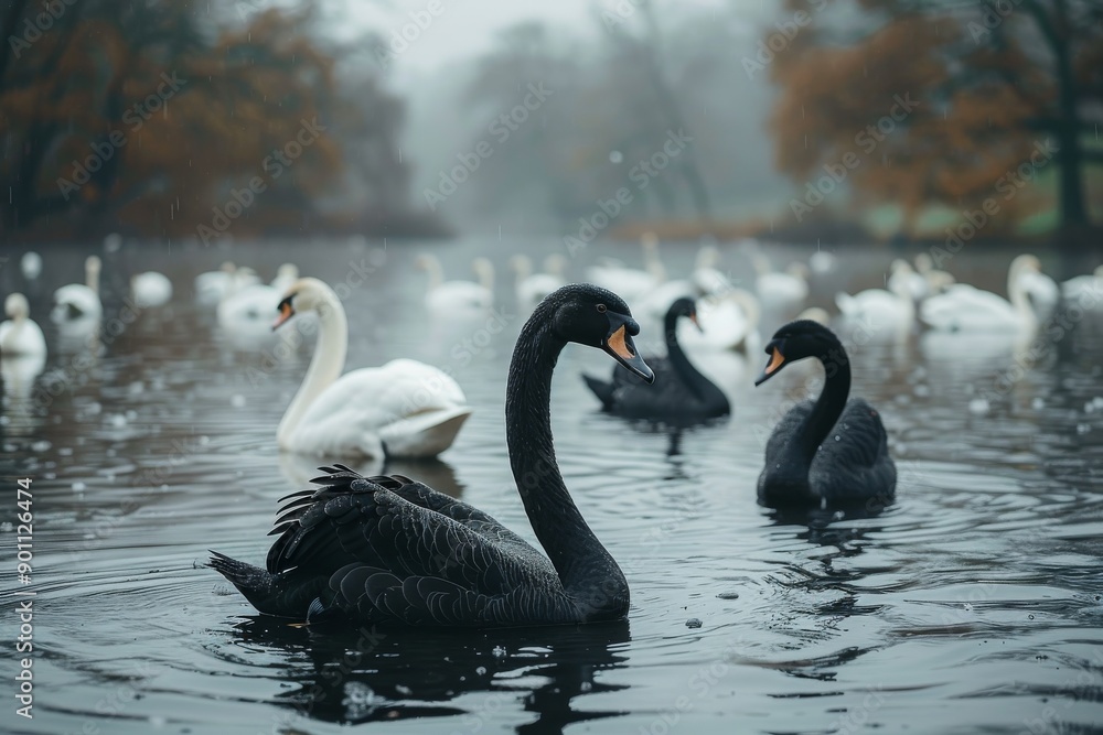 Both white and black swans coexisting in a spacious pond, their distinct beauty and the peaceful ambiance of the environment Both white and black swans coexisting in a spacious pond, their distinct beauty and the peaceful ambiance of the environment