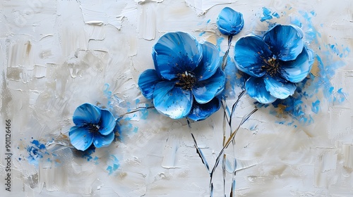 Fototapeta Naklejka Na Ścianę i Meble -  Minimalistic oil painting of abstract three blue flowers on white plaster background textured