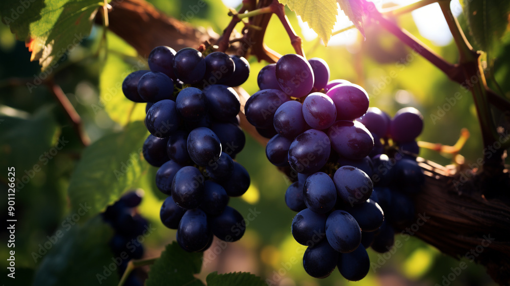 A bundle of deep purple grapes hanging on the vine. A bundle of deep purple grapes hanging on the vine.