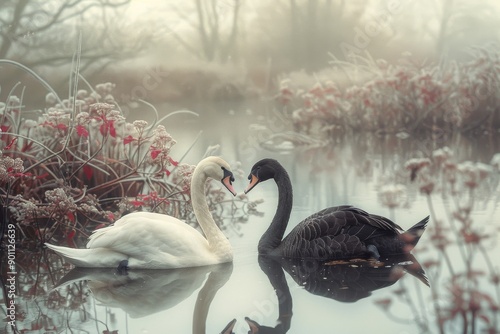 Fototapeta Naklejka Na Ścianę i Meble -  Both white and black swans coexisting in a spacious pond, their distinct beauty and the peaceful ambiance of the environment