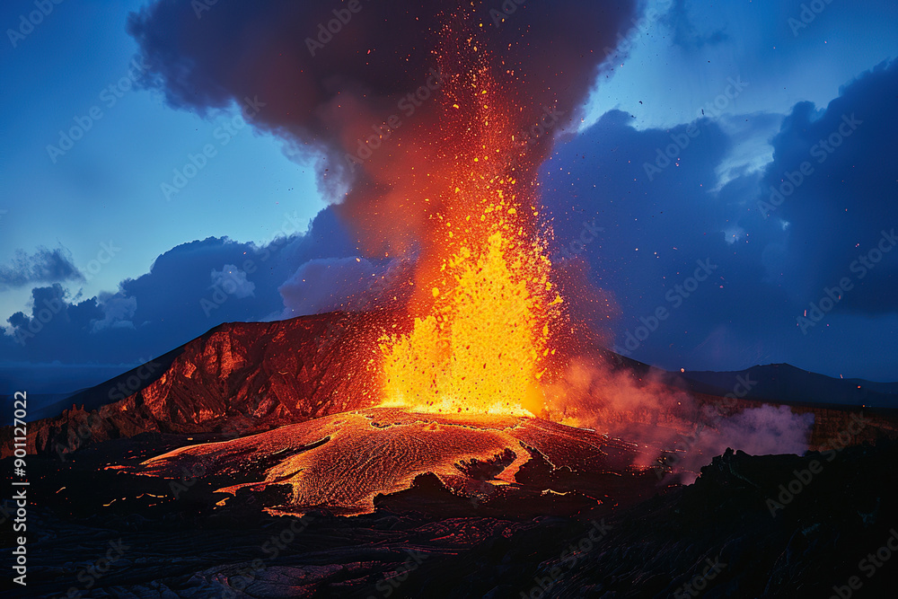 Fototapeta premium Generative ai on theme of erupting volcano with cascading hot lava surrounded thick white smoke