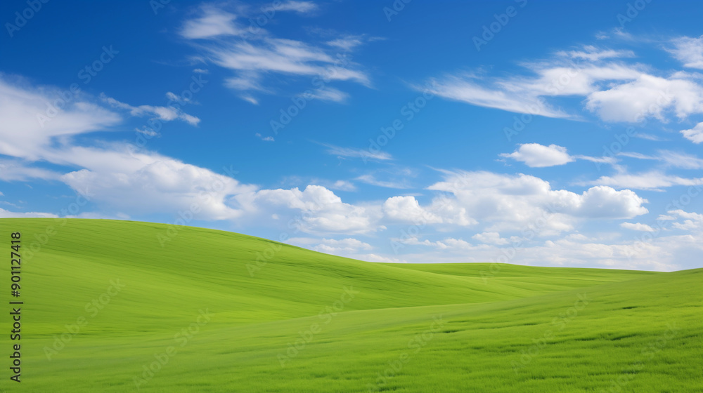 A vast green grassy field with gentle hills under a bright blue sky. White clouds are scattered across the sky, enhancing the serene and peaceful atmosphere. A vast green grassy field with gentle hills under a bright blue sky. White clouds are scattered across the sky, enhancing the serene and peaceful atmosphere.