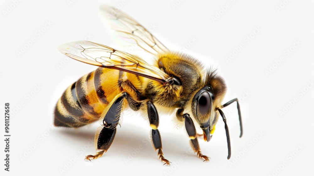 A detailed bee with bright pollen on its legs, isolated on a white background, perfect for text overlay and commercial use A detailed bee with bright pollen on its legs, isolated on a white background, perfect for text overlay and commercial use