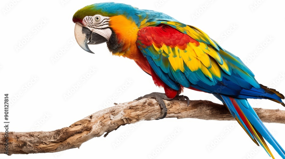 A macaw perched on a branch, feathers in full display, isolated on a neutral white background, ideal for adding text A macaw perched on a branch, feathers in full display, isolated on a neutral white background, ideal for adding text