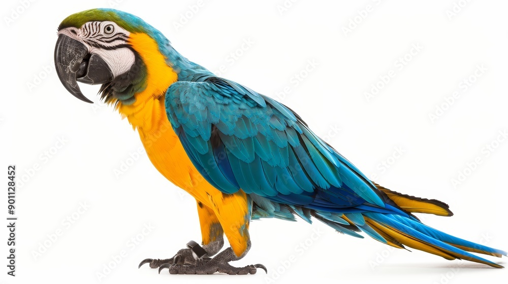 Fototapeta premium A vibrant macaw perched gracefully, showcasing its colorful feathers in vivid detail, isolated on a white background with ample space for copy text