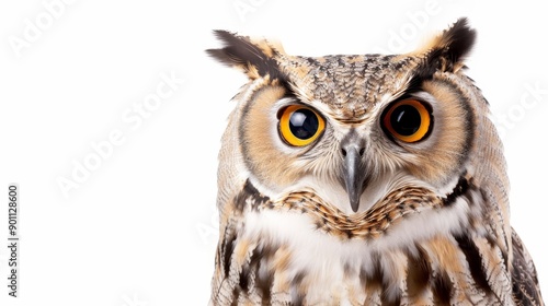 An owl with striking wide eyes, detailed feathers, and isolated on a white background, ample text space for commercial use