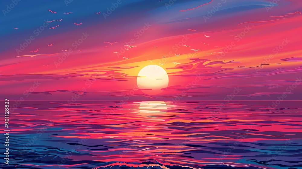 A cartoon sunset over a calm sea. A cartoon sunset over a calm sea.