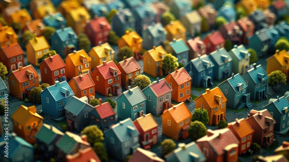 Fototapeta premium Colorful Miniature Houses Captured From Above on a Bright Sunny Day. Generative AI