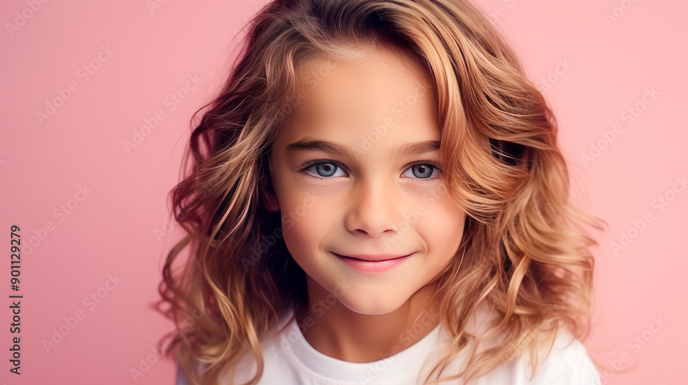 Portrait of a beautiful, happy smiling boy with long hair and perfect skin, pink background, banner. Portrait of a beautiful, happy smiling boy with long hair and perfect skin, pink background, banner.