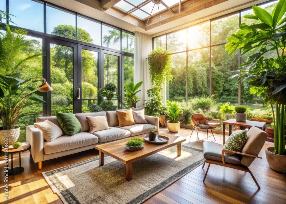 Inviting living space boasting biophilic design elements, flooded with natural light from expansive windows, adorned with lush indoor plants, and crafted from sustainable materials Inviting living space boasting biophilic design elements, flooded with natural light from expansive windows, adorned with lush indoor plants, and crafted from sustainable materials