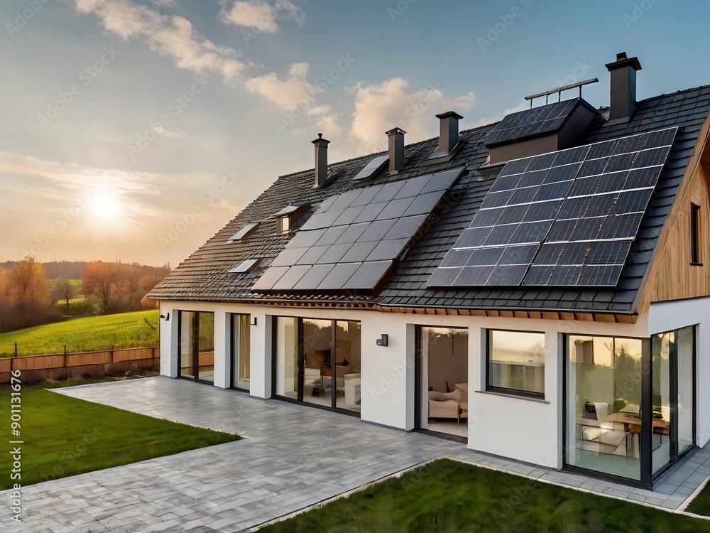 Close-up of a new suburban house with a photovoltaic system on the roof. Simple and modern environmentally friendly house with solar panels on the gable roof, with sunlight during the day Close-up of a new suburban house with a photovoltaic system on the roof. Simple and modern environmentally friendly house with solar panels on the gable roof, with sunlight during the day