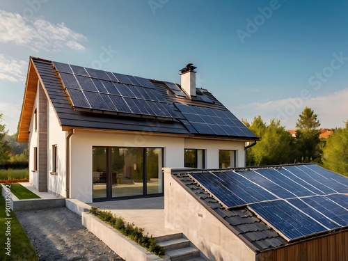 Wallpaper Mural Close-up of a new suburban house with a photovoltaic system on the roof. Simple and modern environmentally friendly house with solar panels on the gable roof, with sunlight during the day Torontodigital.ca