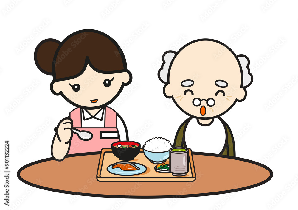 食事介助をする介護士とおじいさん 食事介助をする介護士とおじいさん