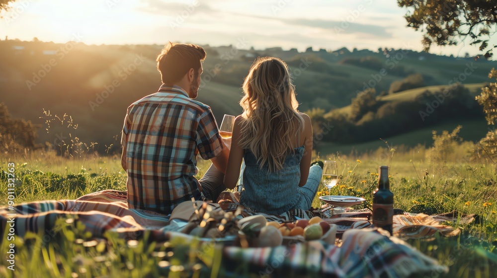 A couple enjoying a picnic in a grassy field as the sun sets behind them. A couple enjoying a picnic in a grassy field as the sun sets behind them.