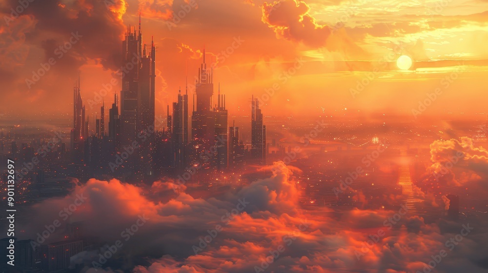 Fototapeta premium Majestic Sunset Over Gothic Cityscape Surrounded by Clouds and Sky. Generative AI