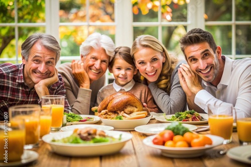 Traditional family Thanksgiving dinner with holiday decorations and homemade feast on the dining table, celebrating holiday traditions and unity