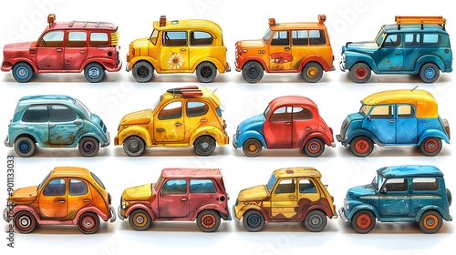 Collection of 12 cute cartoon cars, painted in different bright colors, isolated on white background.