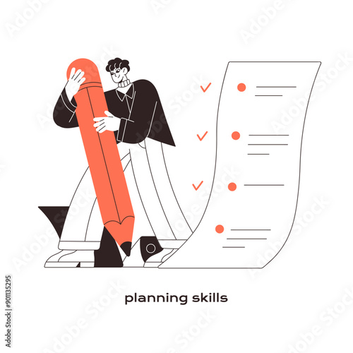 Soft skills: planning and time management. Self organization concept. Ability of employee, office worker's competence. Person with task list, pencil. Flat isolated outline vector illustration on white