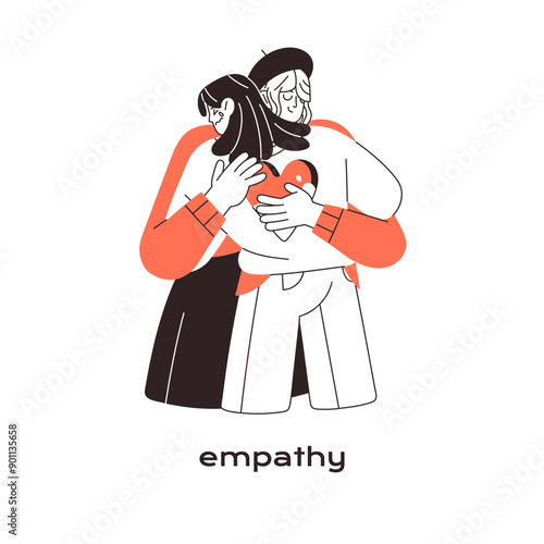 Concept of empathy. Young woman cares about crying sad girl. Friend hugs, supports. Fellow comforting, consoling, soothing grief person. Flat isolated outline vector illustration on white background