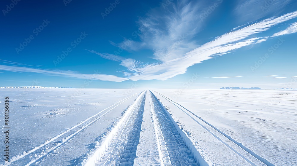 A long, snowy road stretches into the distance, with a clear blue sky and white clouds above. A long, snowy road stretches into the distance, with a clear blue sky and white clouds above.
