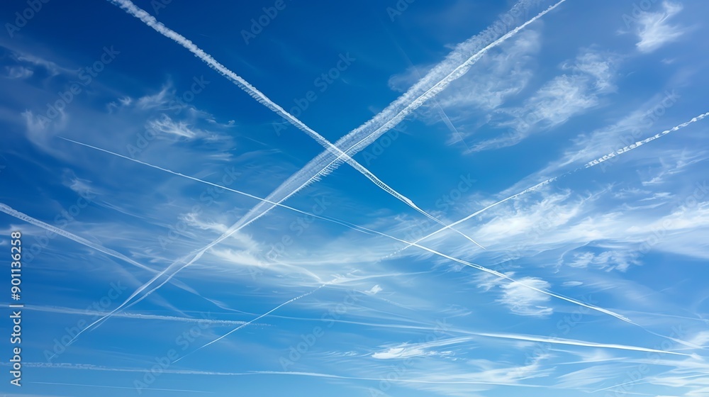 A blue sky with many white contrails. A blue sky with many white contrails.
