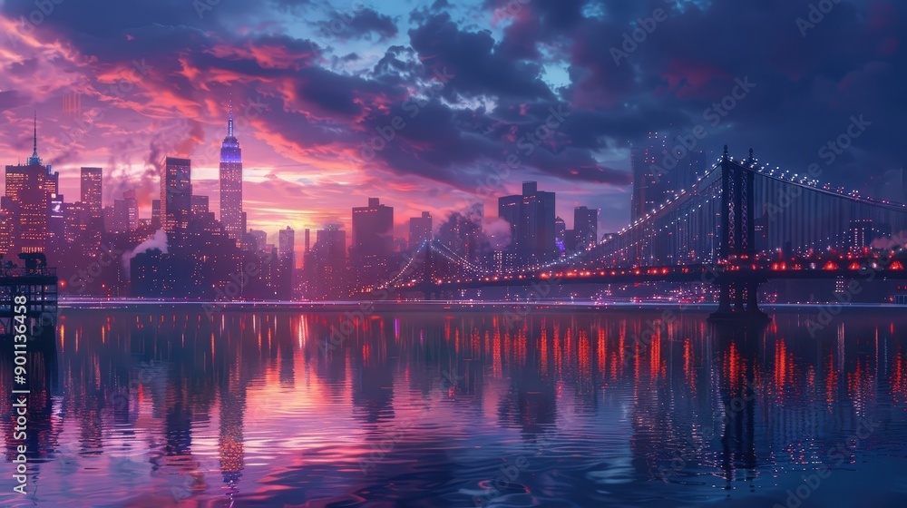 Breathtaking Sunset Over Manhattan Skyline With Bridge Illuminated by City Lights. Generative AI Breathtaking Sunset Over Manhattan Skyline With Bridge Illuminated by City Lights. Generative AI