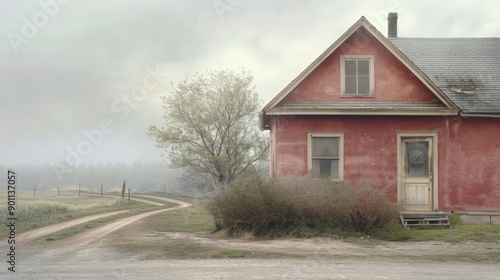 Abandoned Red House at End of Pathway Surrounded by Fog and Trees in Early Morning. Generative AI © Lukasz Czajkowski