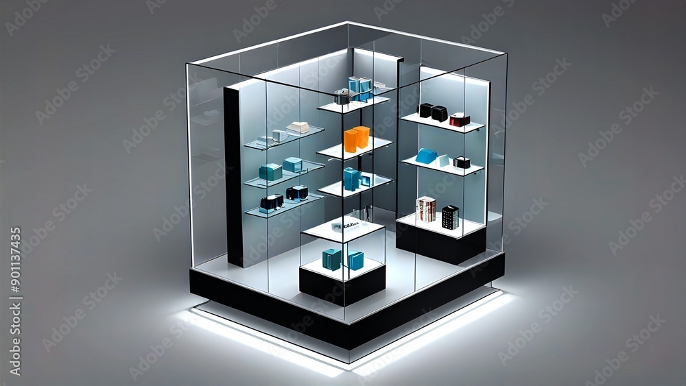Glass display case with shelves full of colorful items, lit by a strip of LED lights on the base. Glass display case with shelves full of colorful items, lit by a strip of LED lights on the base.