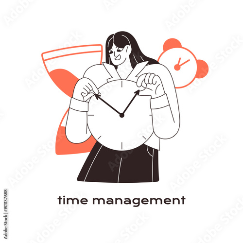 Effective time management concept. Self organization and discipline. Worker with soft skills, ability. Employee appoints work deadline with watch. Flat isolated outline vector illustration on white