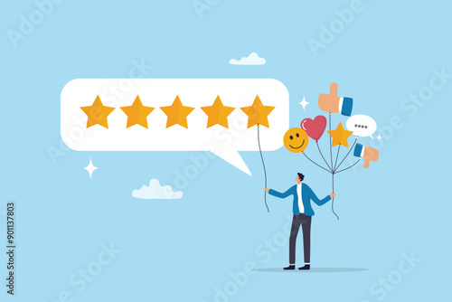 5 Stars review, customer feedback evaluation, best quality or satisfaction, opinion, best rating reputation or online positive review concept, customer giving 5 stars rating or customer experience.