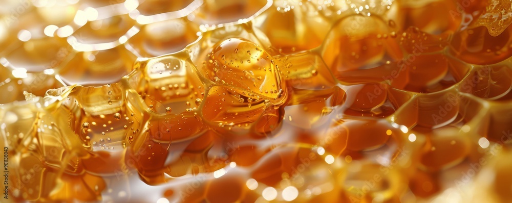 Close-up of golden honeycomb with honey droplets. Close-up of golden honeycomb with honey droplets.