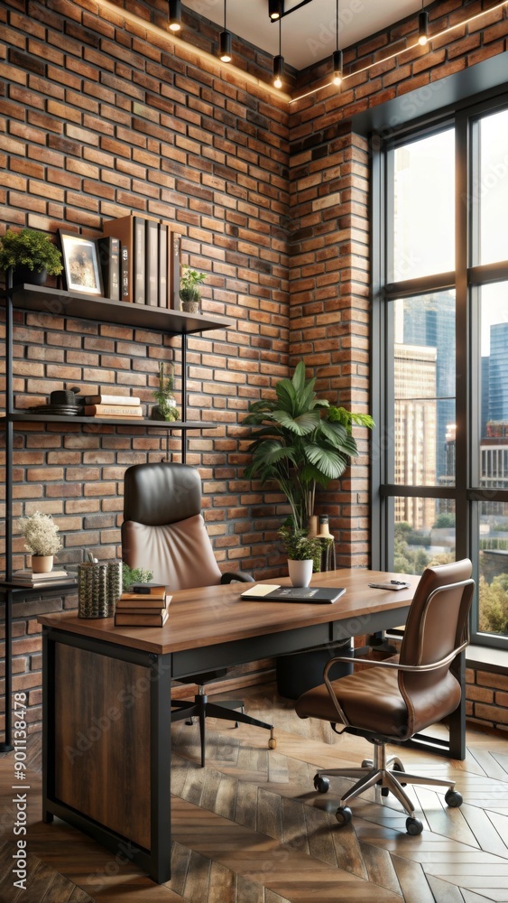 Fototapeta premium The image depicts a modern, stylish office space with a warm and inviting atmosphere