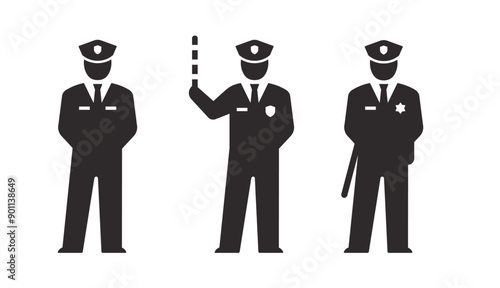 Icons of police officers in various poses. These vector illustrations are suitable for use in materials related to law enforcement, security and public safety.