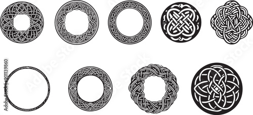 Celtic circle frames. Vintage round border frames with celtic knots, knotted braid ornaments northern Irish motifs. Circular magical patterns vector 