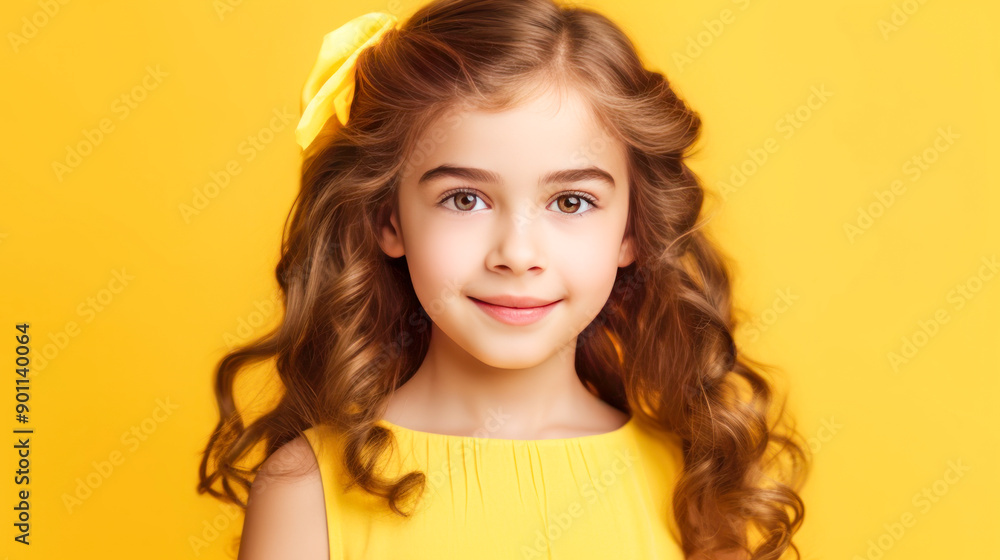Portrait of a chic cute beautiful smiling baby girl with perfect skin, yellow background, banner. Portrait of a chic cute beautiful smiling baby girl with perfect skin, yellow background, banner.