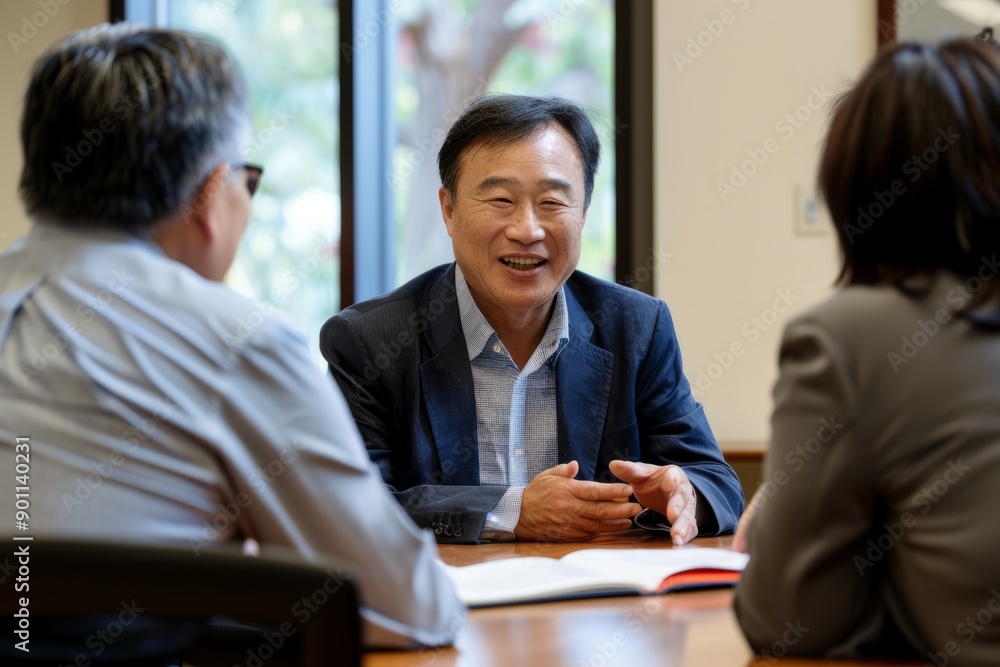 Portrait of an Asian philanthropist meeting with community leaders, Generative AI Portrait of an Asian philanthropist meeting with community leaders, Generative AI